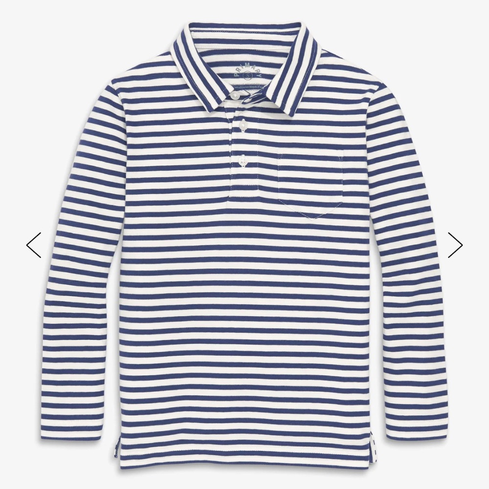 Primary long sleeved polo shirt
White/navy stripes
Size 4-5